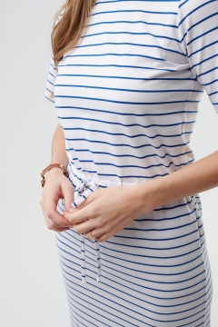 womens white and blue knit drawstring waist dress